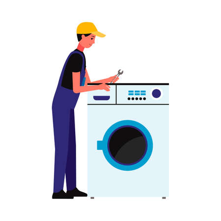 Repairman or electric character near broken washing machine with spanner in hand, flat vector illustration isolated on white background. House appliance repair service.のイラスト素材