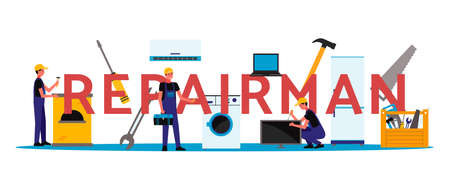 Banner for home appliances repair and maintenance services with repairman cartoon characters and inscription, flat vector illustration isolated on white background.のイラスト素材
