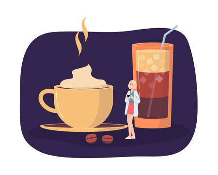 Banner or poster for coffee shop or cafe with tiny woman character near cup and mug with coffee dessert drinks, flat vector illustration isolated on white background.のイラスト素材