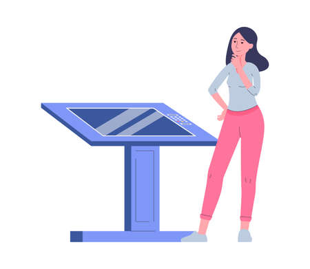 Woman cartoon character standing behind self order kiosk or interactive service touch screen counter, flat vector illustration isolated on white background.のイラスト素材