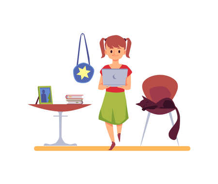 Little girl standing with laptop in hands on backdrop with elements of children room or school class interior, flat vector illustration isolated on white background.のイラスト素材