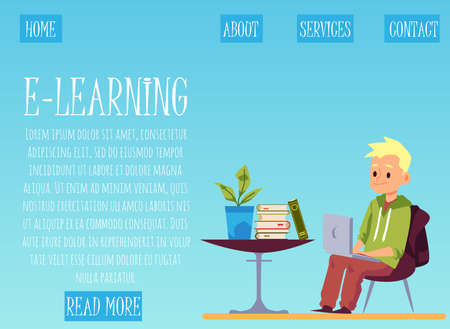 E-learning for children web site interface design with boy holding laptop, flat vector illustration. Homeschooling and studying, kids education landing page.のイラスト素材
