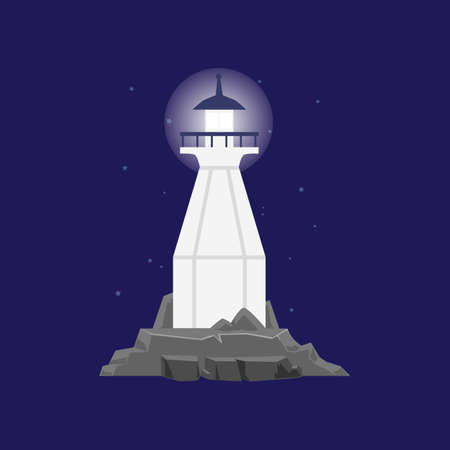 White sea lighthouse or beacon in night on seacoast rocks, flat cartoon vector illustration. Beacon with glowing searchlight lamp on night sky backdrop.のイラスト素材