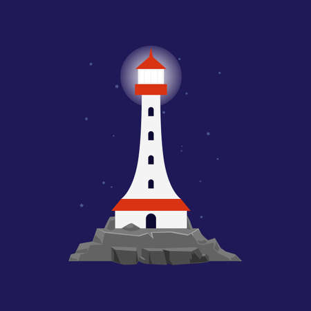 Sea beacon or lighthouse shining at night, flat cartoon vector illustration. Seacoast card or poster template with white nautical lighthouse tower standing on rocks.のイラスト素材