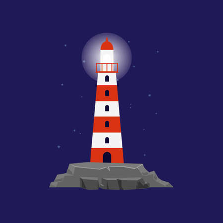 Icon or symbol of striped red and white sea lighthouse or beacon tower on rocks, flat cartoon vector illustration. Beacon with turned on searchlight glowing in dark.のイラスト素材