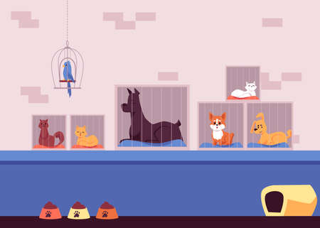 Animal shelter interior with pets sitting in cages and waiting for adoption, flat vector illustration. Banner for charity and donation, volunteering help for pets shelter.のイラスト素材