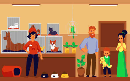 Family adopting a pet in animal shelter, flat cartoon vector illustration. Banner of pets shelter interior with volunteers, animals and visitors cartoon characters.のイラスト素材