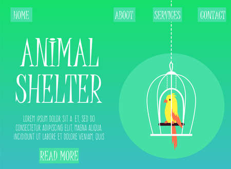 Web banner template for animals shelter with parrot in cage, flat vector illustration on bright background. Pets shelter and homeless animals foundation concept.のイラスト素材
