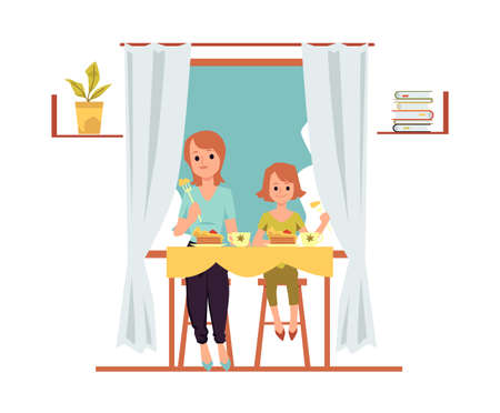 Family eating together of mother and daughter flat vector illustration isolated on white background. Parent-child relationship and family leisure scene.のイラスト素材