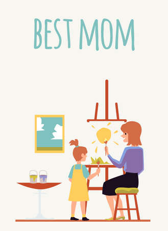 Best mom card template with mother teaching her daughter to draw, flat cartoon vector illustrations. Poster or banner for Mothers day with cartoon characters.のイラスト素材