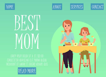 Mother and daughter eating food together - website banner template with cartoon woman and girl sitting at kitchen table having lunch, vector illustration.のイラスト素材