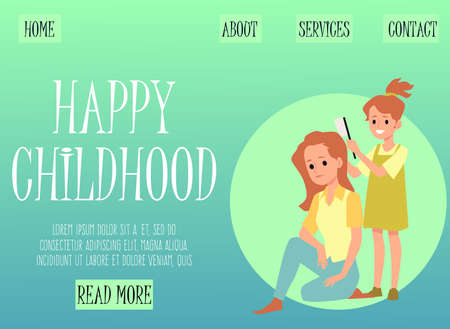 Happy childhood web interface with cute scene of relationships between mother and daughter, flat vector illustration. Color landing page design with mother and child.のイラスト素材