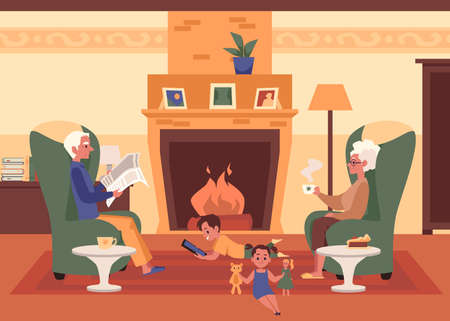 Grandparents and grandchildren in living room interior with fireplace, flat vector illustration. Family relationships and senior people lifestyle banner background.のイラスト素材
