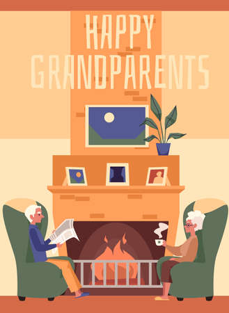 Happy grandparents resting at home in living room interior with fireplace, flat vector illustration. Longevity and elderly people lifestyle banner background.のイラスト素材