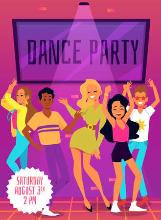 Dance party poster or banner template for nightclub event with copy space for text. Young people having dance and music disco party flat vector illustration.のイラスト素材