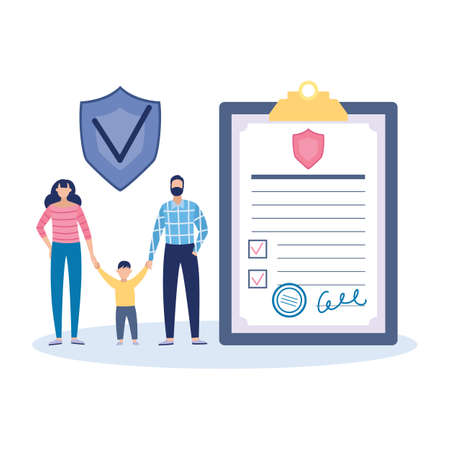 Family insurance policy concept with cartoon family standing near giant clipboard with signed document and safety shield protection sign. Vector illustration.のイラスト素材