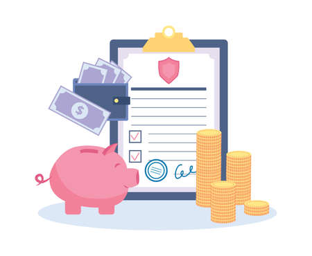 Insurance policy or business contract banner template with paper document, piggy bank and money, flat vector illustration isolated on white background.のイラスト素材