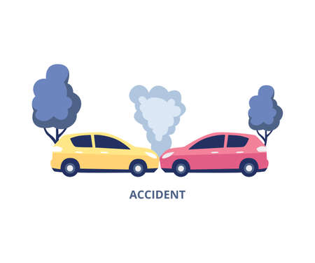 Car accident symbol for insurance agency and transport repair, flat vector illustration isolated on white background. Road transport crash and car collision.のイラスト素材