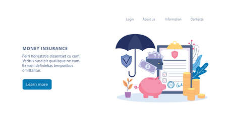 Money and bank account insurance web banner template with piggy bank and umbrella, flat cartoon vector illustration. Protection of savings and deposit accounts.のイラスト素材