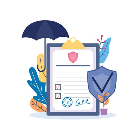 Insurance policy or secure transaction concept with paper document with symbols of safety and protection, flat vector illustration isolated on white background.のイラスト素材