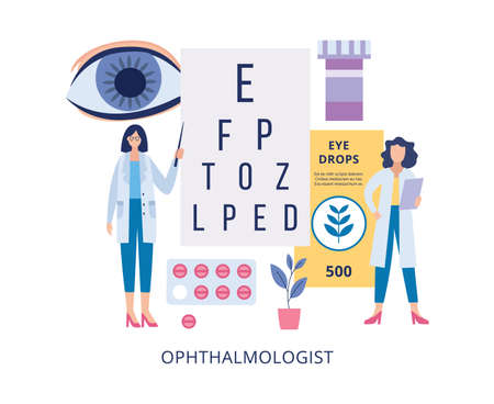 Ophthalmologists doctors cartoon characters near the poster with letters and optical optometrist equipment, flat vector illustration isolated on white background.のイラスト素材