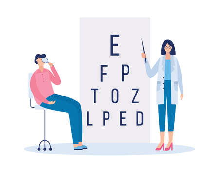 Ophthalmologist or optometrist checking up patients eyesight near poster with letters, flat vector illustration isolated on white background. Medical vision examination.のイラスト素材