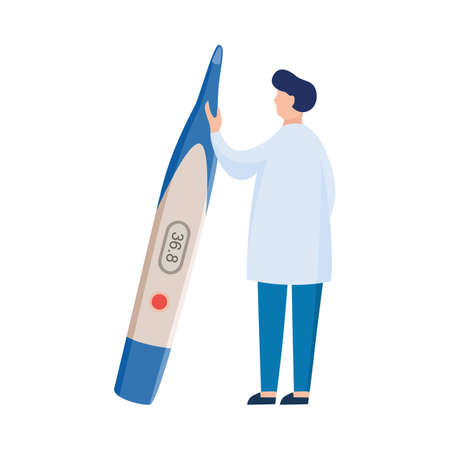 Tiny doctor male character holding giant thermometer, flat vector illustration isolated on white background. Doctor for clinic and healthcare hospital emblem.のイラスト素材