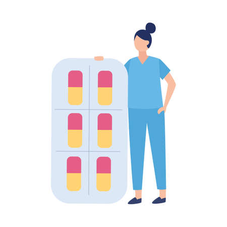 Tiny doctor character holding giant pallet of medical pills, flat vector illustration isolated on white background. Design for healthcare hospital or pharmacy store.のイラスト素材