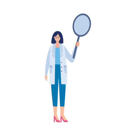 Tiny doctor in uniform coat female cartoon character standing with magnifier. Healthcare medical examination, flat vector illustration isolated on white background.のイラスト素材