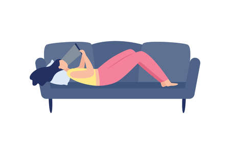 Woman lying on couch with phone in hands, flat vector illustration isolated on white background. Woman character using smartphone or internet connection at home.のイラスト素材