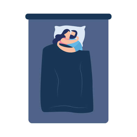 Romantic young couple hugging together in bed at night, flat vector illustration isolated on white background. Top view on bed with sleeping man and woman.のイラスト素材