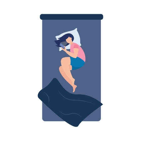 Woman using phone in bed - cartoon girl with insomnia lying and browsing internet on smartphone isolated on white background. Vector illustration of bedtime cellphone use.のイラスト素材