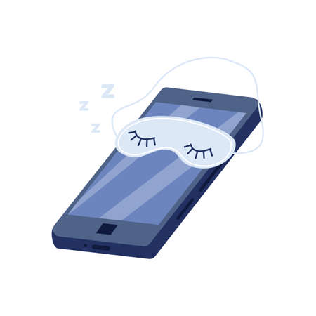 Sleeping night mode turn off mobile phone, flat vector illustration isolated on white background. Cartoon smartphone with asleep face and night mask on screen.のイラスト素材