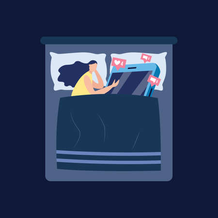 Woman lying in bed with giant smartphone with like and comment notifications. Cartoon girl obsessed with social media going to sleep with phone, vector illustration.のイラスト素材