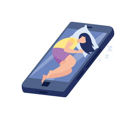 Young girl sleeping on smartphone screen in concept of phone and internet addiction, flat vector illustration isolated on white background. Gadget addicted person.のイラスト素材