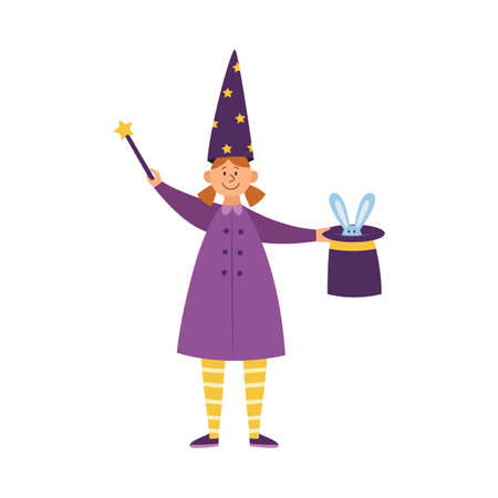 Child girl magician or illusionist performing a magic trick, flat vector illustration isolated on white background. Girl with magic wand and bunny in hat.のイラスト素材