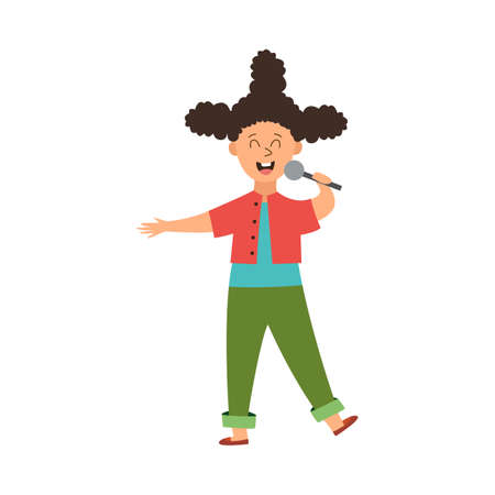 Singing girl cartoon character with microphone flat vector illustration isolated on white background. Children musical education and creative hobby concept.のイラスト素材