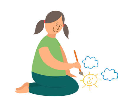 Child girl drawing with colors and brush, flat vector illustration isolated on white background. Cartoon character for kids creative classes and children art studio,のイラスト素材