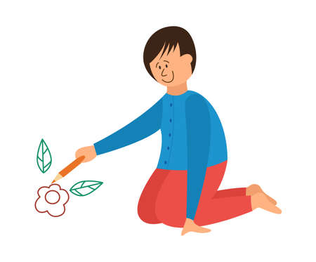 Creative drawing child boy cartoon character for kids creative classes and children art education, flat vector illustration isolated on white background.のイラスト素材