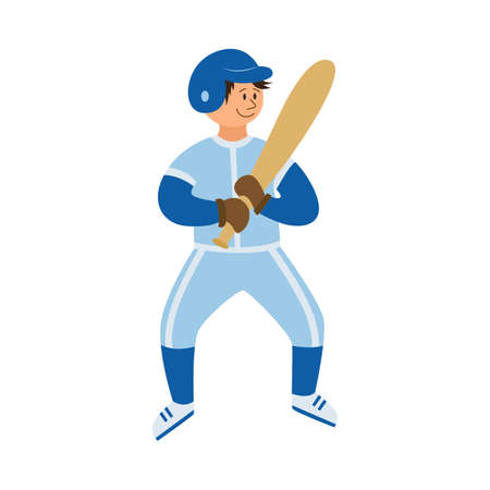 Little kid boy character of baseball player standing with a bat in hands, flat vector illustration isolated on white background. Child fond of sport and baseball.のイラスト素材