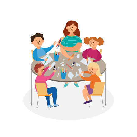 Group of kindergarten or elementary school children with teacher having creative extracurricular activities, flat vector illustration isolated on white background.のイラスト素材