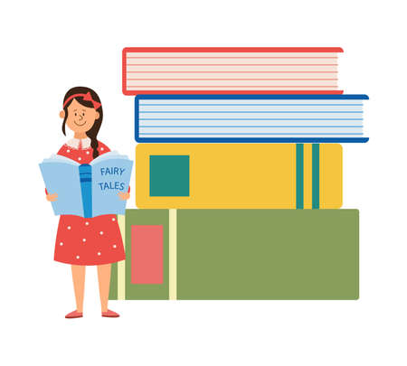 Little child girl cartoon character reading a huge book, flat vector illustration isolated on white background. Children library or book reading topic.のイラスト素材