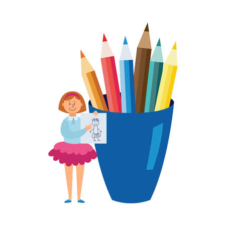 Little girl a painter standing near huge box with colored pencils, flat vector illustration isolated on white background. Arts and Crafts for children.のイラスト素材