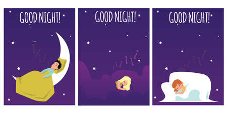 Cute children cozy sleeping among the stars. The boy sleeps on the moon, the girls sleep in their beds. A set of posters or banners for your design. Vector cartoon illustrations.のイラスト素材