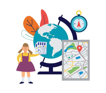Vector flat illustration of subjects for studying geography at school.Smiling schoolgirl near the globe, map and compass. Geographical elements on a white background.のイラスト素材