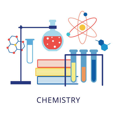 Chemistry subject school lesson and classes banner flat vector illustration isolated on white background. Design for chemistry studies and courses in school or university.のイラスト素材