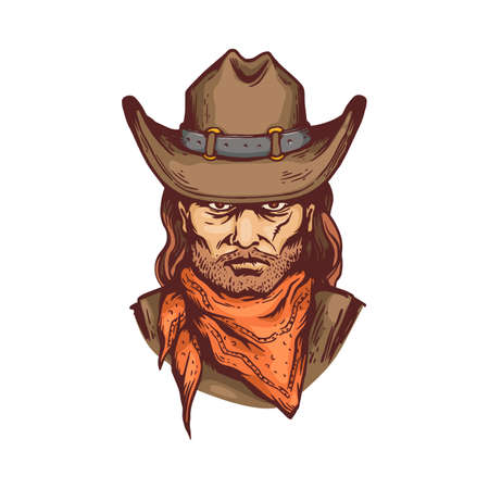 Portrait of cowboy in hat and bandana, cartoon vector illustration isolated on white background. Retro texas american sheriff character in cowboy hat design.のイラスト素材