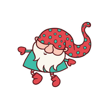 Cute gnome or old elf cartoon character in polka dot hat, flat vector illustration isolated on white background. Dwarf old man image for Christmas design and winter card.のイラスト素材