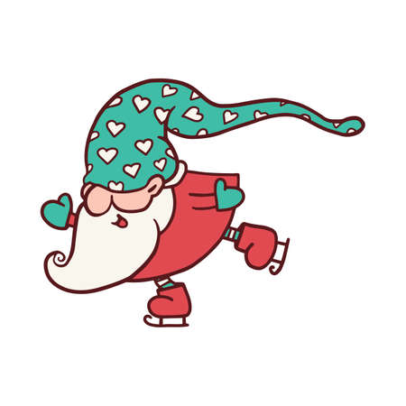 Skating gnome or old dwarf fairy cartoon character flat vector illustration isolated on white background. Christmas gnome for winter cards and Christmas invitation.のイラスト素材