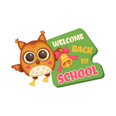 Cartoon owl with Welcome back to school sign and bell - cute wise bird sticker with education symbols isolated on white background. Vector illustration.のイラスト素材
